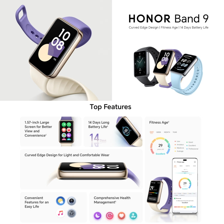 Honor Band 9, 1.57 inch AMOLED Screen, Support Heart Rate / Blood Oxygen / Sleep Monitoring, Standard Version(Purple) - free shipping - PMC TechLife - Order now!