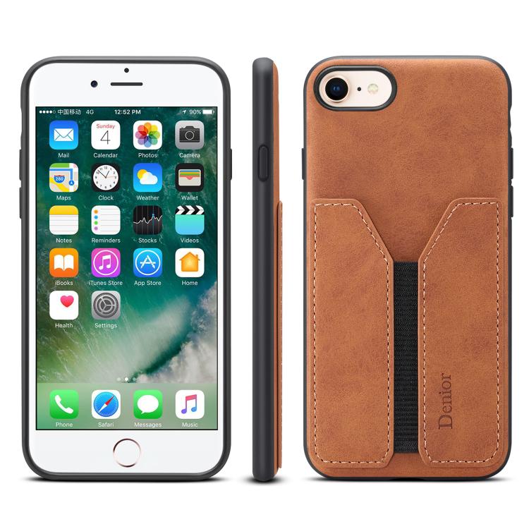 For iPhone 16e Denior D07 DV Elastic Card Slot PU Back Cover Phone Case(Brown) - iPhone 16e Cases by Denior | Online Shopping South Africa | PMC TechLife | Buy Now Pay Later Mobicred