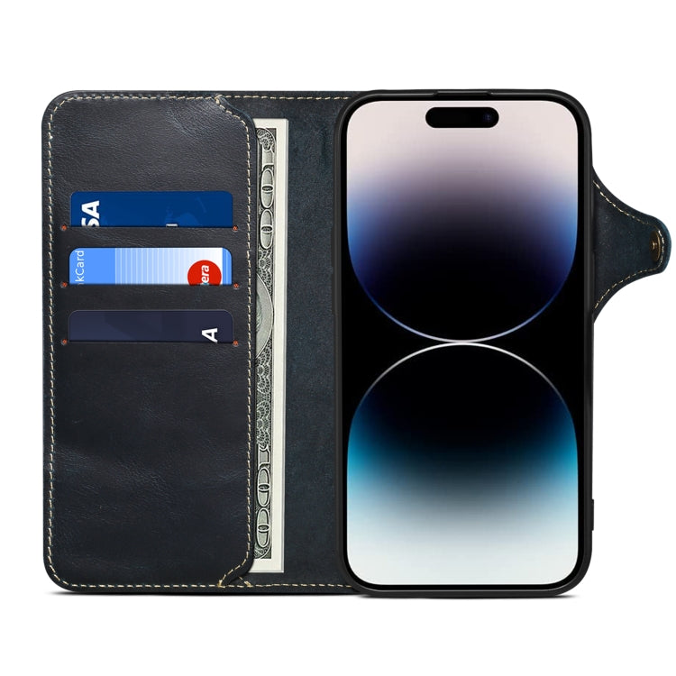For iPhone 16 Pro Max Denior B01 Oil Wax Cowhide Magnetic Button Genuine Leather Case(Blue) - free shipping - PMC Jewellery - Order now!