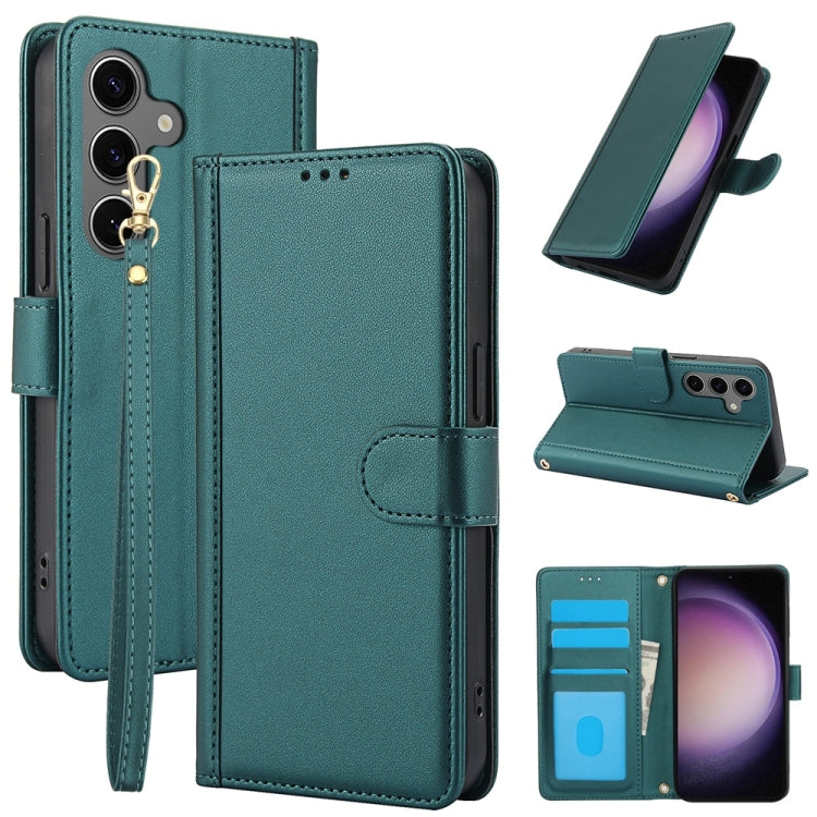 For Samsung Galaxy S25+ 5G Skin Feel Pure Color Card Slots Leather Phone Case with Dual Lanyard(Green) - Galaxy S25+ 5G Cases by PMC TechLife | Online Shopping South Africa | PMC TechLife | Buy Now Pay Later Mobicred