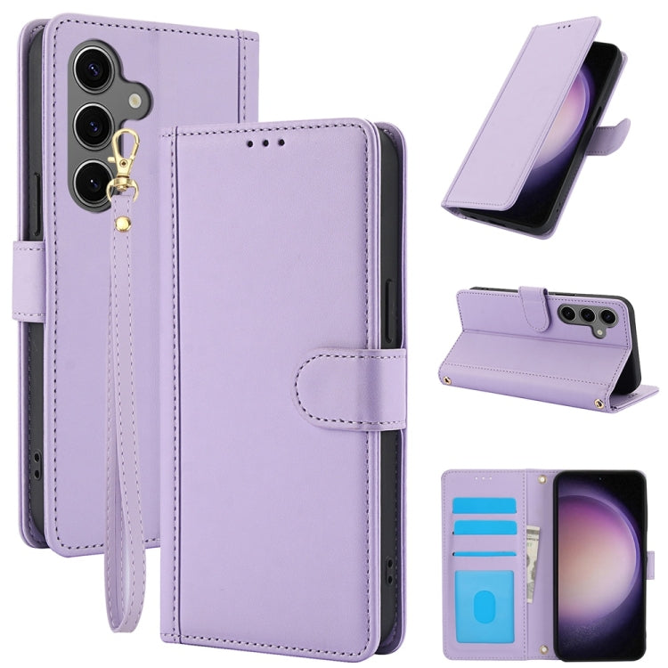 For Samsung Galaxy S25 5G Skin Feel Pure Color Card Slots Leather Phone Case with Dual Lanyard(Purple) - Galaxy S25 5G Cases by PMC TechLife | Online Shopping South Africa | PMC TechLife | Buy Now Pay Later Mobicred