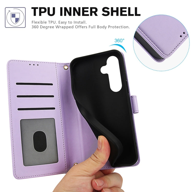 For Samsung Galaxy S25 5G Skin Feel Pure Color Card Slots Leather Phone Case with Dual Lanyard(Purple) - Galaxy S25 5G Cases by PMC TechLife | Online Shopping South Africa | PMC TechLife | Buy Now Pay Later Mobicred