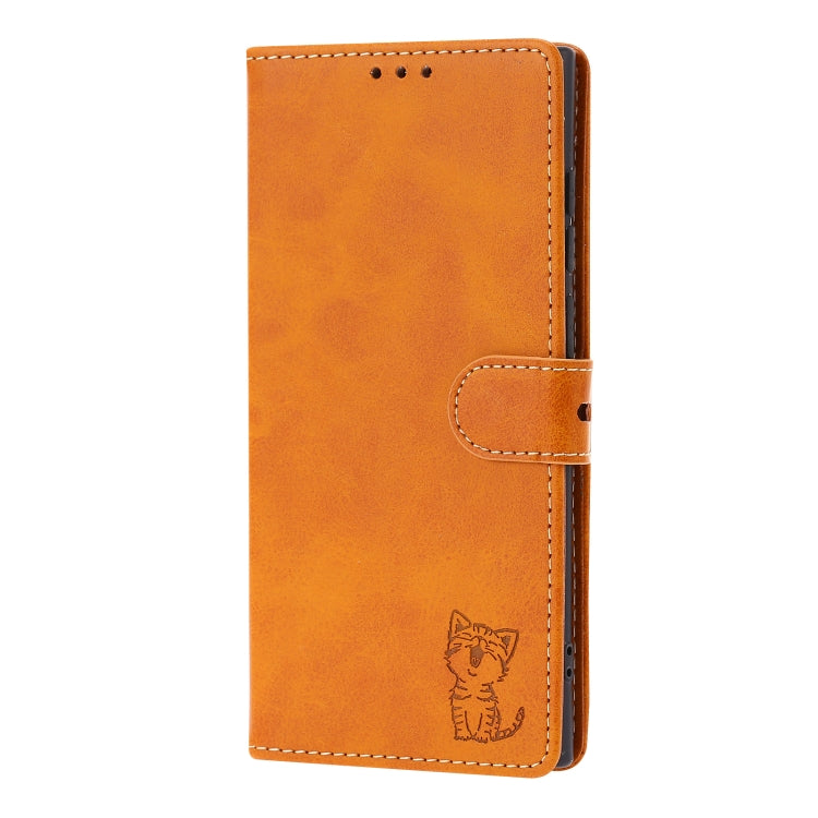 For Samsung Galaxy S25 Ultra 5G Embossed Happy Cat Pattern Flip Leather Phone Case(Yellow) - Galaxy S25 Ultra 5G Cases by PMC Jewellery | Online Shopping South Africa | PMC Jewellery | Buy Now Pay Later Mobicred