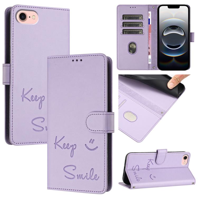 For iPhone 16e Smile Embossing RFID Leather Phone Case(Light Purple) - iPhone 16e Cases by PMC TechLife | Online Shopping South Africa | PMC TechLife | Buy Now Pay Later Mobicred