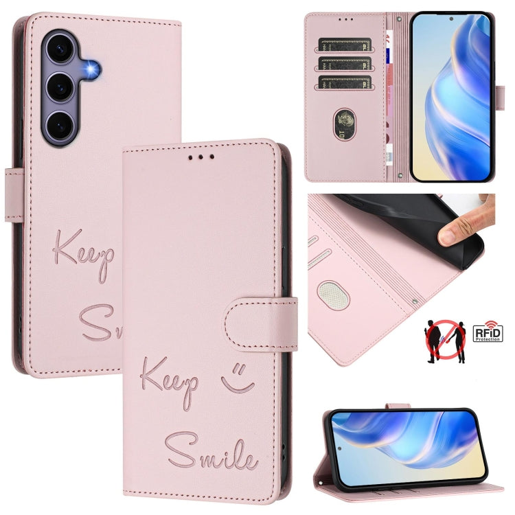 For Samsung Galaxy S25 5G Smile Embossing RFID Leather Phone Case(Pink) - Galaxy S25 5G Cases by PMC TechLife | Online Shopping South Africa | PMC TechLife | Buy Now Pay Later Mobicred