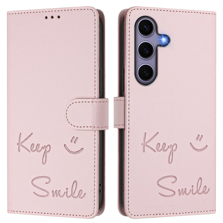 For Samsung Galaxy S25 5G Smile Embossing RFID Leather Phone Case(Pink) - Galaxy S25 5G Cases by PMC TechLife | Online Shopping South Africa | PMC TechLife | Buy Now Pay Later Mobicred
