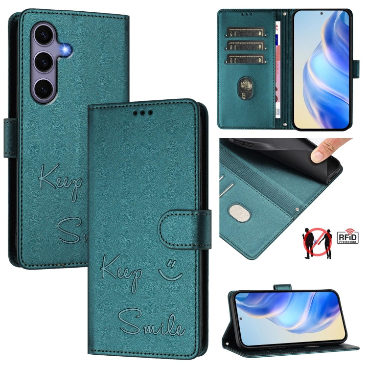 For Samsung Galaxy S25 5G Smile Embossing RFID Leather Phone Case(Peacock Green) - Galaxy S25 5G Cases by PMC TechLife | Online Shopping South Africa | PMC TechLife | Buy Now Pay Later Mobicred