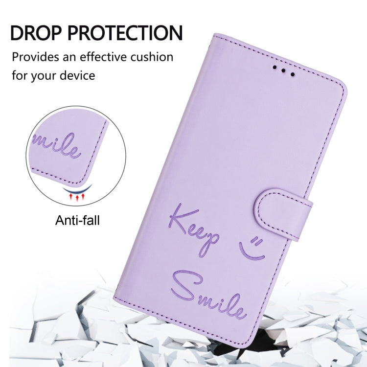 For Samsung Galaxy S25 5G Smile Embossing RFID Leather Phone Case(Light Purple) - Galaxy S25 5G Cases by PMC TechLife | Online Shopping South Africa | PMC TechLife | Buy Now Pay Later Mobicred