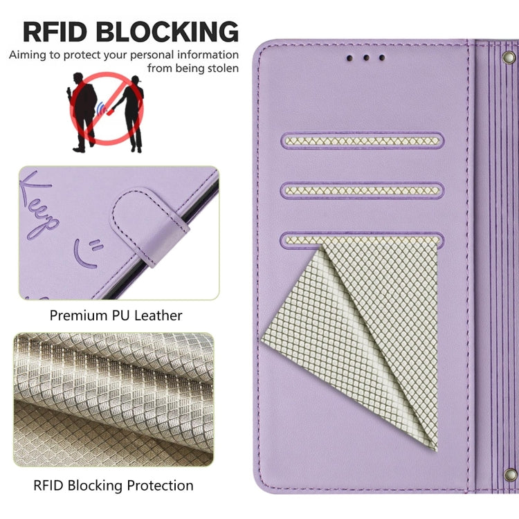 For Samsung Galaxy S25 5G Smile Embossing RFID Leather Phone Case(Light Purple) - Galaxy S25 5G Cases by PMC TechLife | Online Shopping South Africa | PMC TechLife | Buy Now Pay Later Mobicred