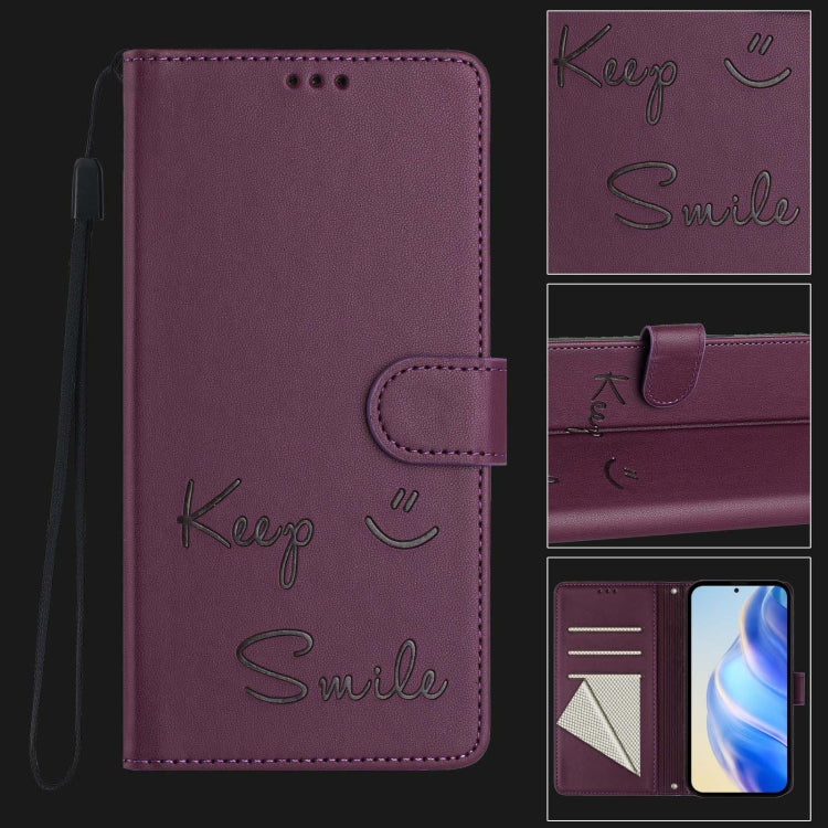 For Samsung Galaxy S25 5G Smile Embossing RFID Leather Phone Case(Violet) - Galaxy S25 5G Cases by PMC TechLife | Online Shopping South Africa | PMC TechLife | Buy Now Pay Later Mobicred