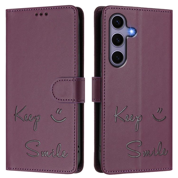 For Samsung Galaxy S25 5G Smile Embossing RFID Leather Phone Case(Violet) - Galaxy S25 5G Cases by PMC TechLife | Online Shopping South Africa | PMC TechLife | Buy Now Pay Later Mobicred