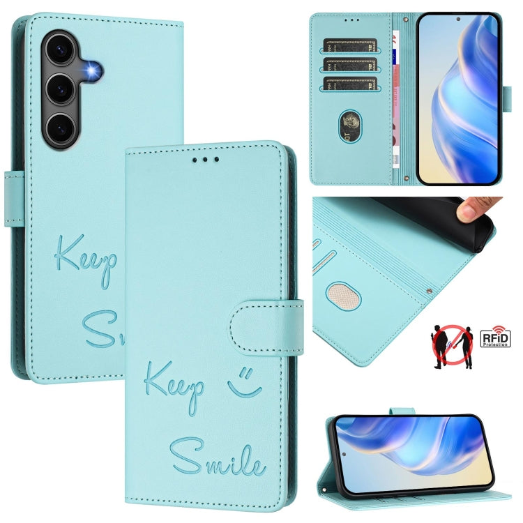 For Samsung Galaxy S25+ 5G Smile Embossing RFID Leather Phone Case(Mint Green) - free shipping - PMC TechLife - Order now!