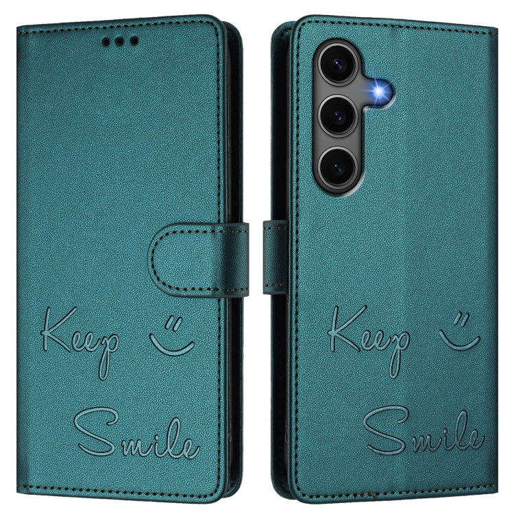 For Samsung Galaxy S25+ 5G Smile Embossing RFID Leather Phone Case(Peacock Green) - Galaxy S25+ 5G Cases by PMC TechLife | Online Shopping South Africa | PMC TechLife | Buy Now Pay Later Mobicred