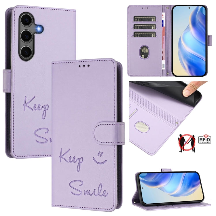 For Samsung Galaxy S25+ 5G Smile Embossing RFID Leather Phone Case(Light Purple) - Galaxy S25+ 5G Cases by PMC TechLife | Online Shopping South Africa | PMC TechLife | Buy Now Pay Later Mobicred