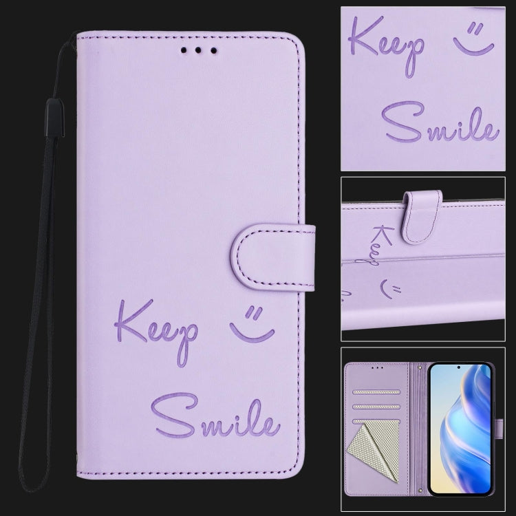 For Samsung Galaxy S25+ 5G Smile Embossing RFID Leather Phone Case(Light Purple) - Galaxy S25+ 5G Cases by PMC TechLife | Online Shopping South Africa | PMC TechLife | Buy Now Pay Later Mobicred