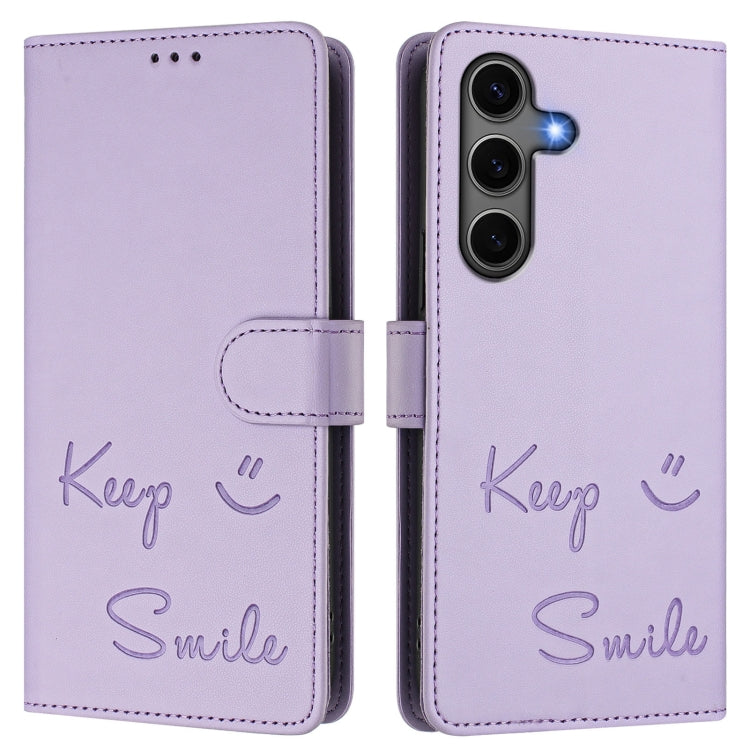 For Samsung Galaxy S25+ 5G Smile Embossing RFID Leather Phone Case(Light Purple) - Galaxy S25+ 5G Cases by PMC TechLife | Online Shopping South Africa | PMC TechLife | Buy Now Pay Later Mobicred
