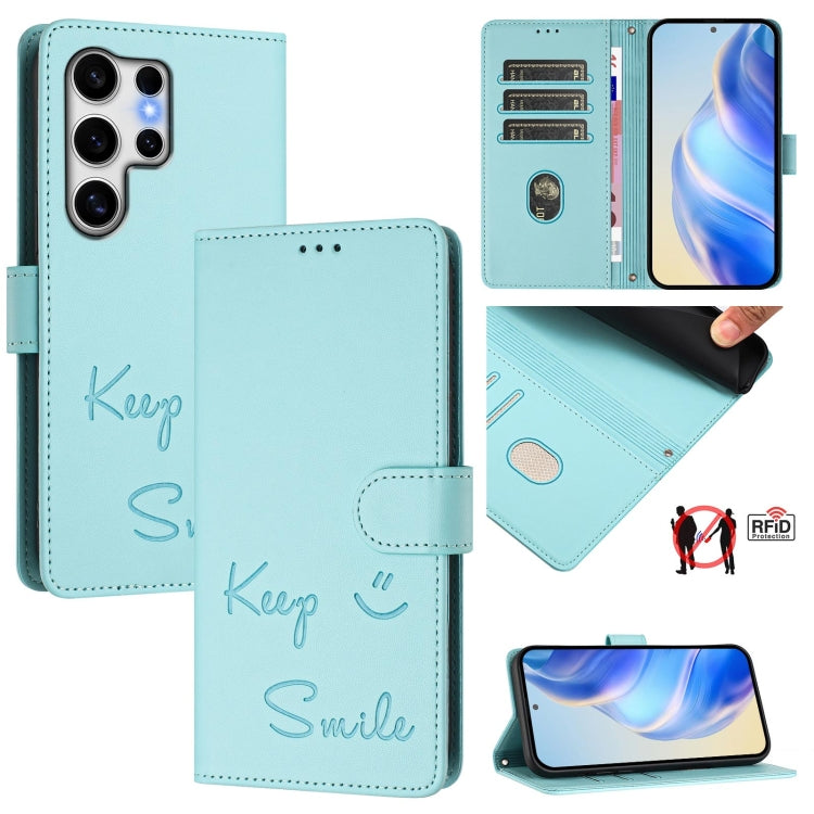 For Samsung Galaxy S25 Ultra 5G Smile Embossing RFID Leather Phone Case(Mint Green) - Galaxy S25 Ultra 5G Cases by PMC TechLife | Online Shopping South Africa | PMC TechLife | Buy Now Pay Later Mobicred