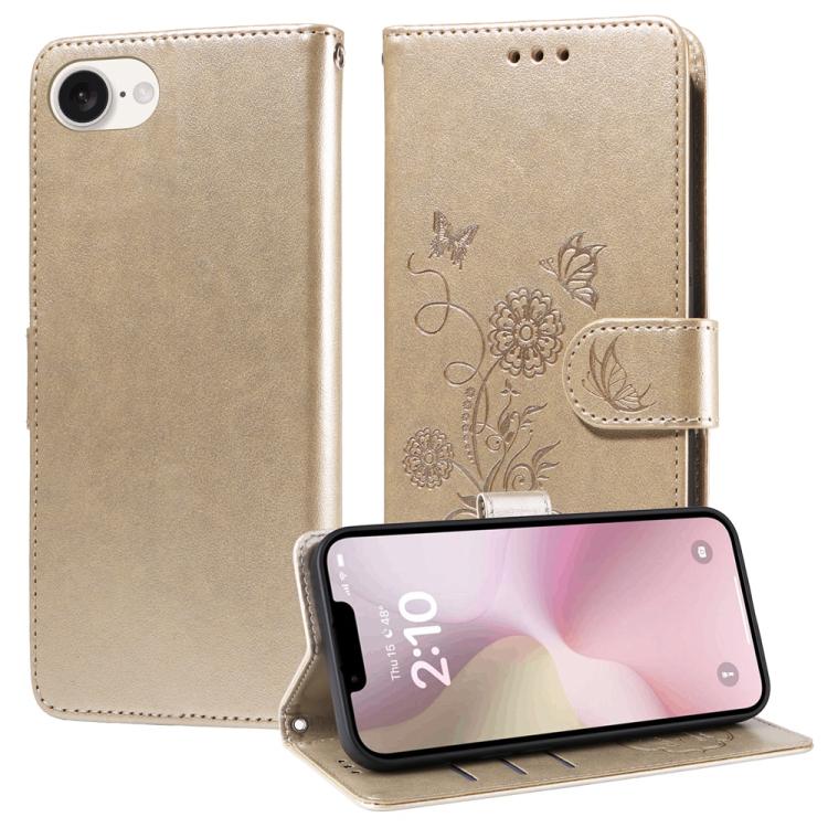 For iPhone 16e Embossed Butterfly Flowers Leather Phone Case(Gold) - free shipping - PMC TechLife - Order now!