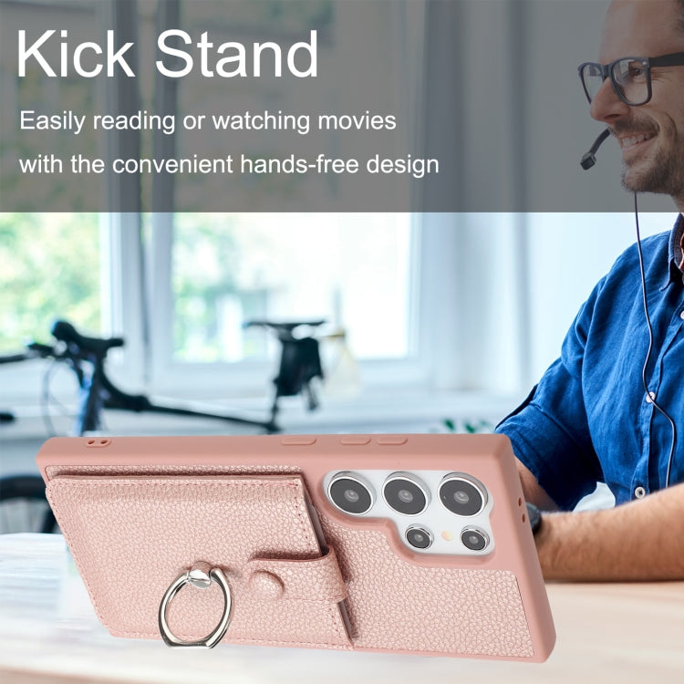 For Samsung Galaxy S25 Ultra 5G Litchi Texture Drawing Card Bag Ring Holder Phone Case(Brown) - Galaxy S25 Ultra 5G Cases by PMC Jewellery | Online Shopping South Africa | PMC Jewellery | Buy Now Pay Later Mobicred