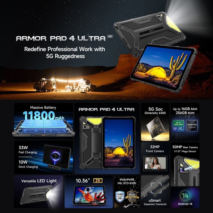 Ulefone Armor Pad 4 Ultra Rugged Tablet PC, 8GB+256GB, 10.36 inch Android 14 MediaTek Dimensity 6300 Octa Core 5G Network, EU Plug(Black) - free shipping - PMC Jewellery - Order now!