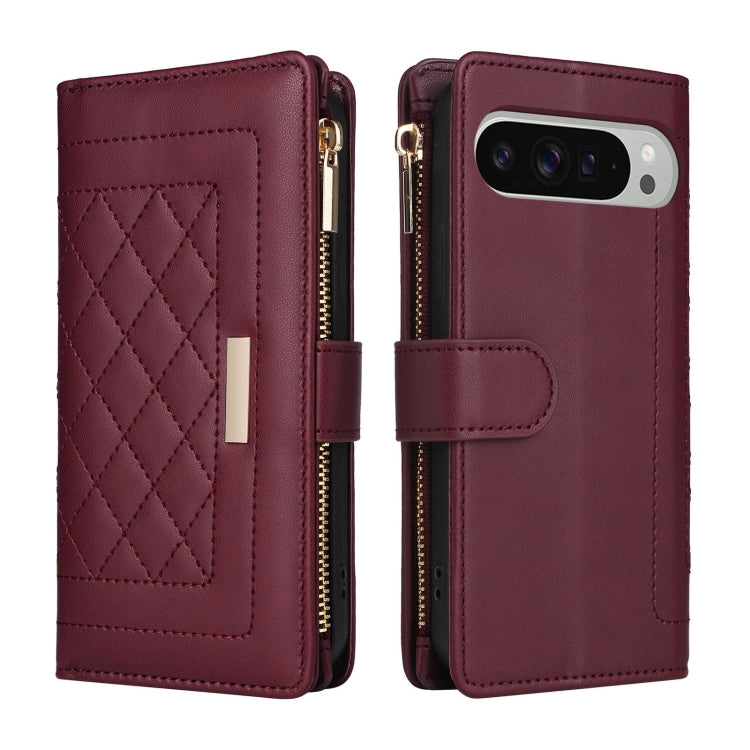 For Google Pixel 9 Pro XL Crossbody Zipper Wallet Rhombus Leather Phone Case(Wine Red) - Google Cases by PMC TechLife | Online Shopping South Africa | PMC TechLife | Buy Now Pay Later Mobicred