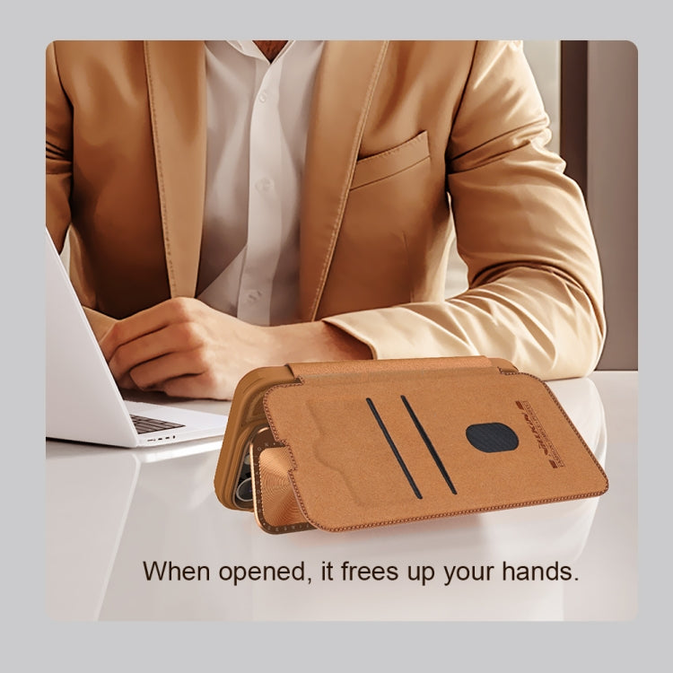 For iPhone 16 NILLKIN Qin Prop Series Flip Camera Cover Design Leather Phone Case(Brown) - free shipping - PMC Jewellery - Order now!