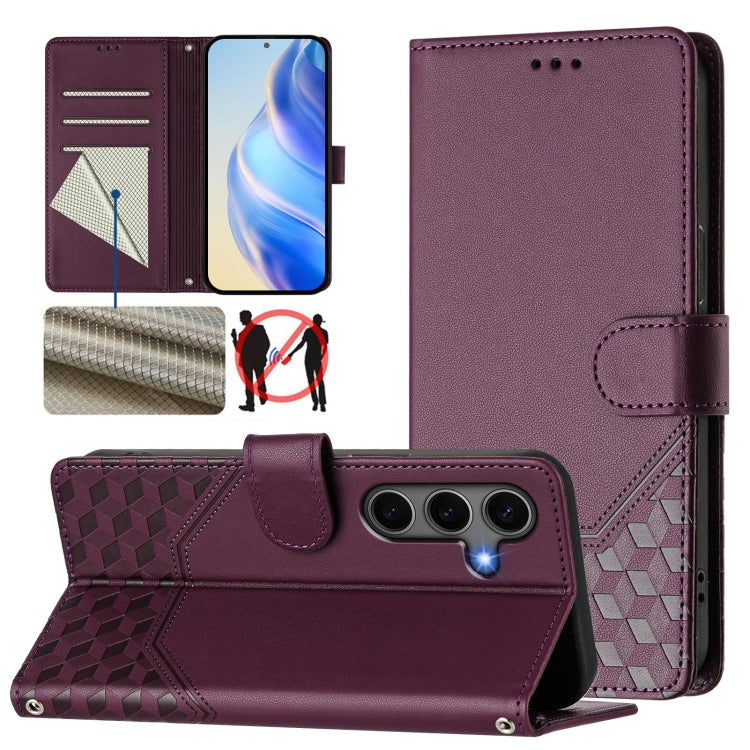 For Samsung Galaxy S25 5G Honeycomb Embossing RFID Leather Phone Case(Violet) - Galaxy S25 5G Cases by PMC Jewellery | Online Shopping South Africa | PMC Jewellery | Buy Now Pay Later Mobicred