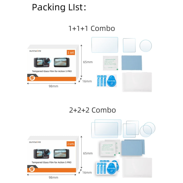 For DJI Osmo Action 5 Pro Sunnylife 3 in 1 Lens Protector Front and Rear Screen Tempered Glass Films, Quantity:2 + 2 + 2 Sets - free shipping - PMC TechLife - Order now!