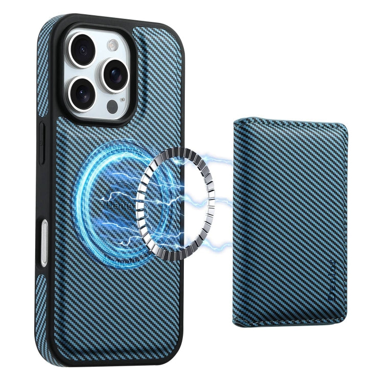 For iPhone 16 Pro Denior Carbon Fiber Texture Leather Card Bag MagSafe Phone Case(Blue) - free shipping - PMC Jewellery - Order now!