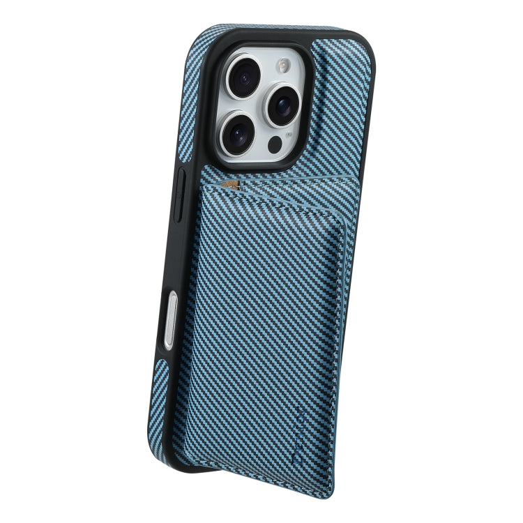 For iPhone 16 Pro Denior Carbon Fiber Texture Leather Card Bag MagSafe Phone Case(Blue) - free shipping - PMC Jewellery - Order now!
