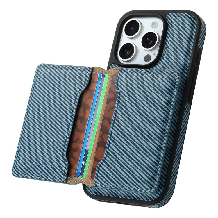 For iPhone 16 Pro Denior Carbon Fiber Texture Leather Card Bag MagSafe Phone Case(Blue) - free shipping - PMC Jewellery - Order now!