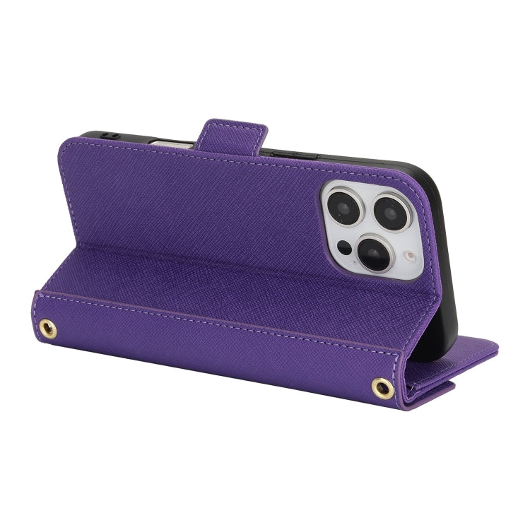 For iPhone 16 Pro Max Cross Texture Crossbody Lanyard Leather Phone Case(Purple) - free shipping - PMC Jewellery - Order now!
