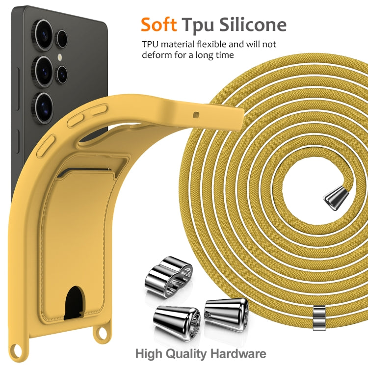 For Samsung Galaxy S25 Ultra 5G Integrated Card Bag Solid Color Liquid Silicone Phone Case with Lanyard(Yellow) - free shipping - PMC Jewellery - Order now!