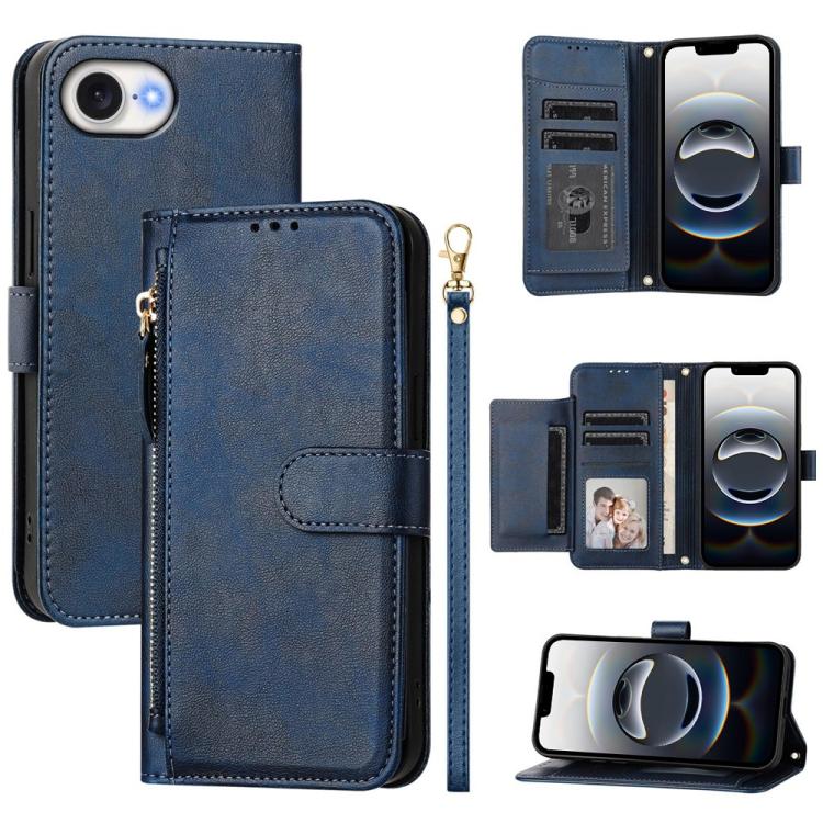 For iPhone 16e Multi-Card Slots Zipper Wallet Leather Phone Case(Blue) - iPhone 16e Cases by PMC TechLife | Online Shopping South Africa | PMC TechLife | Buy Now Pay Later Mobicred