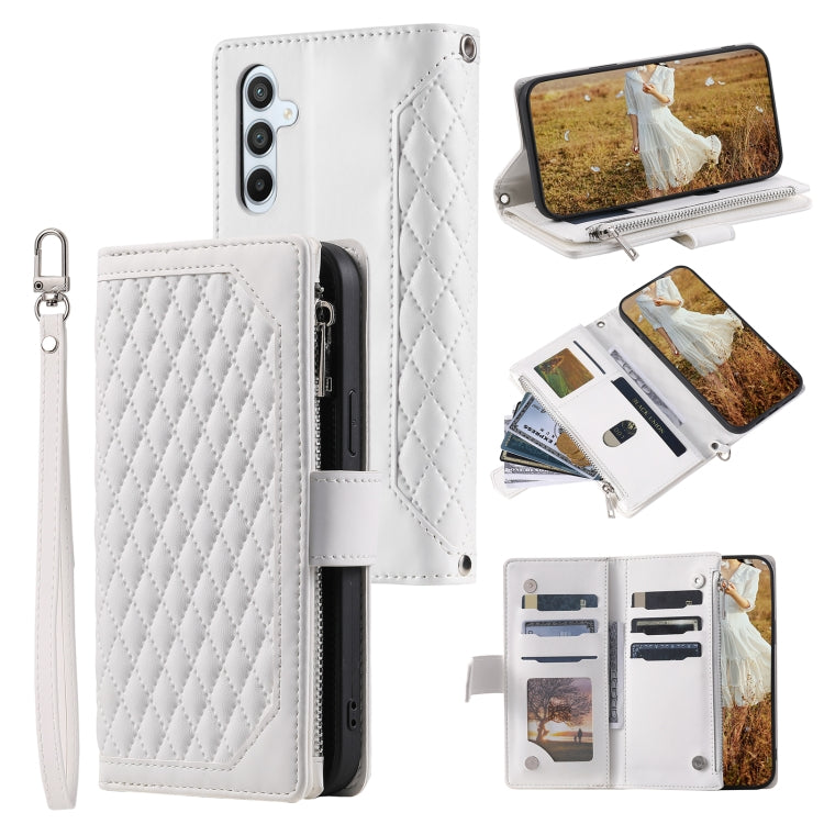 For Samsung Galaxy S25+ 5G Grid Texture Zipper Leather Phone Case with Lanyard(White) - Galaxy S25+ 5G Cases by PMC Jewellery | Online Shopping South Africa | PMC Jewellery | Buy Now Pay Later Mobicred