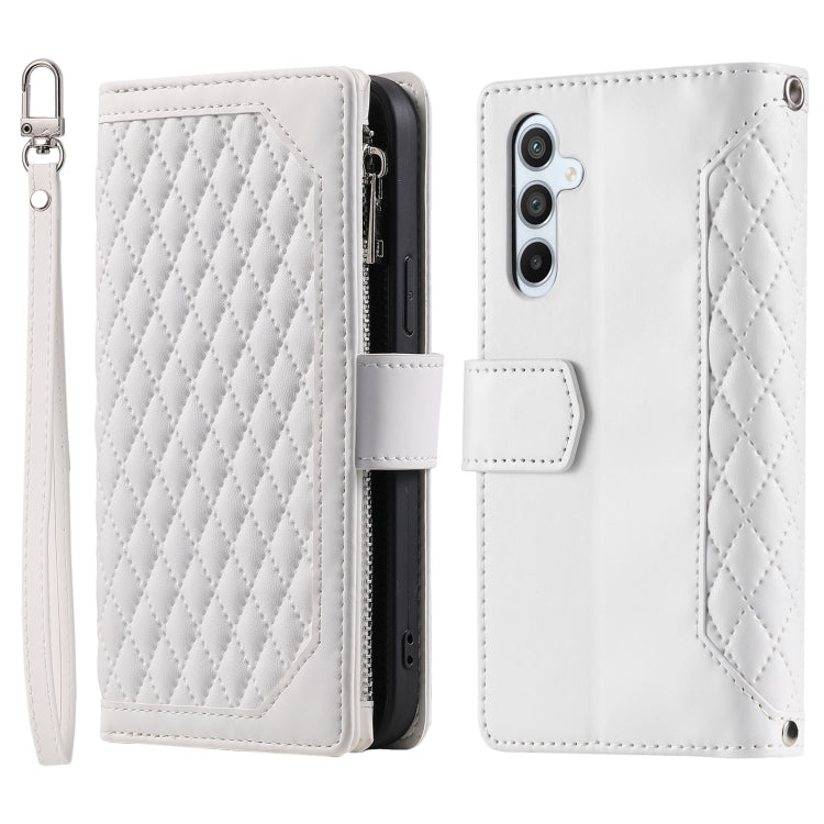 For Samsung Galaxy S25+ 5G Grid Texture Zipper Leather Phone Case with Lanyard(White) - Galaxy S25+ 5G Cases by PMC Jewellery | Online Shopping South Africa | PMC Jewellery | Buy Now Pay Later Mobicred