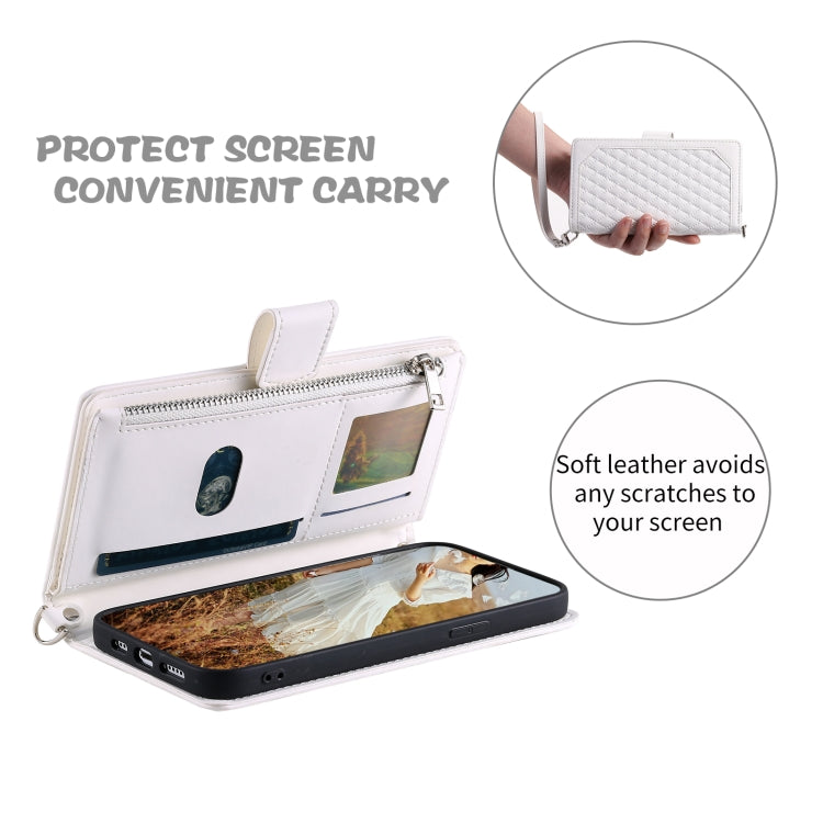 For Samsung Galaxy S25+ 5G Grid Texture Zipper Leather Phone Case with Lanyard(White) - Galaxy S25+ 5G Cases by PMC Jewellery | Online Shopping South Africa | PMC Jewellery | Buy Now Pay Later Mobicred