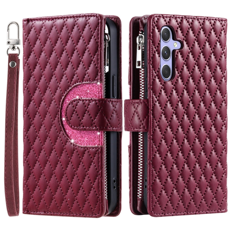 For Samsung Galaxy S25 5G Glitter Lattice Zipper Wallet Leather Phone Case(Wine Red) - Galaxy S25 5G Cases by PMC TechLife | Online Shopping South Africa | PMC TechLife | Buy Now Pay Later Mobicred