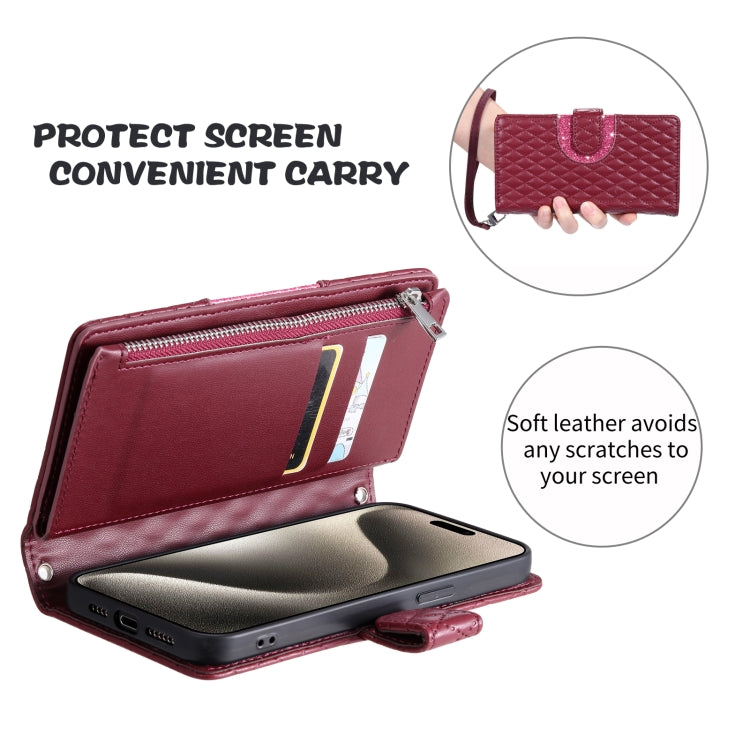 For Samsung Galaxy S25 5G Glitter Lattice Zipper Wallet Leather Phone Case(Wine Red) - Galaxy S25 5G Cases by PMC TechLife | Online Shopping South Africa | PMC TechLife | Buy Now Pay Later Mobicred