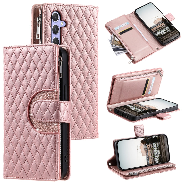 For Samsung Galaxy S25 5G Glitter Lattice Zipper Wallet Leather Phone Case(Rose Gold) - Galaxy S25 5G Cases by PMC TechLife | Online Shopping South Africa | PMC TechLife | Buy Now Pay Later Mobicred