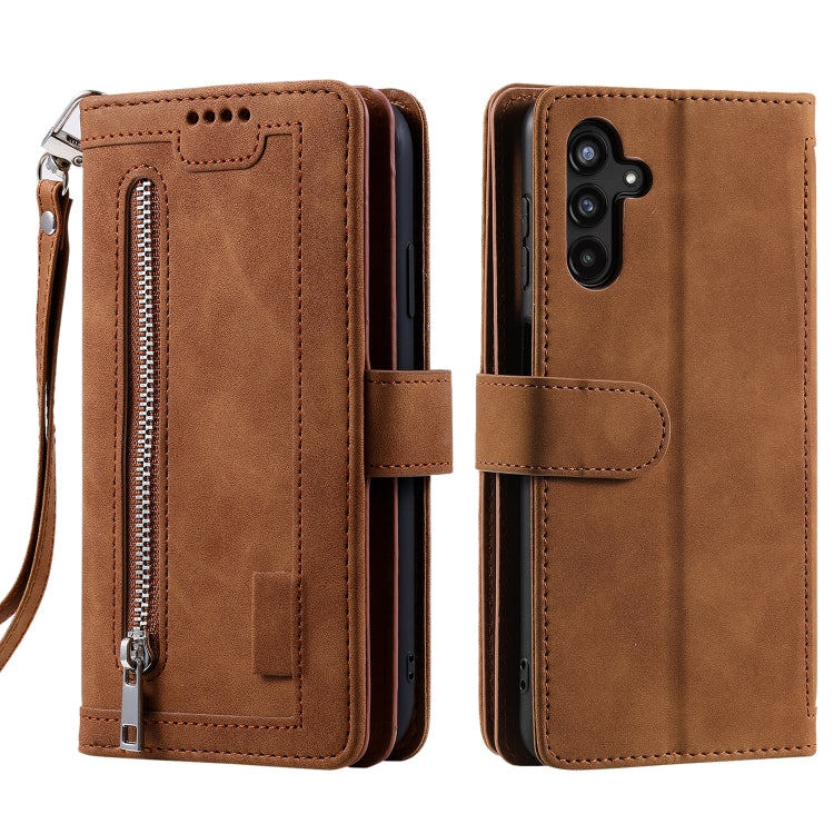 For Samsung Galaxy S25 5G Nine Card Zipper Bag Leather Phone Case with Lanyard(Brown) - Galaxy S25 5G Cases by PMC TechLife | Online Shopping South Africa | PMC TechLife | Buy Now Pay Later Mobicred