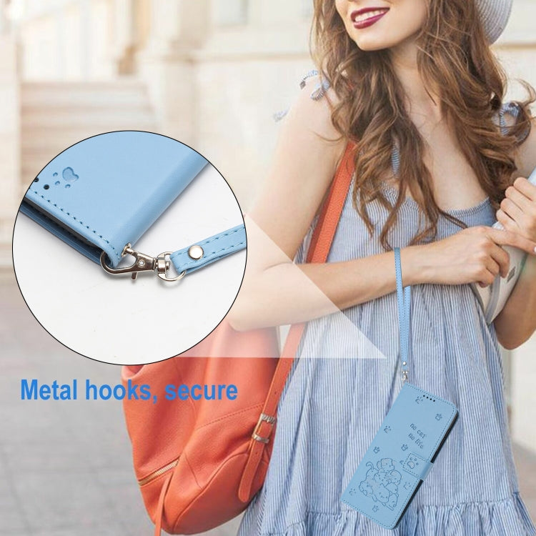 For iPhone 16e Embossed Kitten Phone Leather Case with Lanyard(Blue) - iPhone 16e Cases by PMC TechLife | Online Shopping South Africa | PMC TechLife | Buy Now Pay Later Mobicred