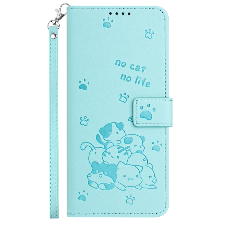 For iPhone 16e Embossed Kitten Phone Leather Case with Lanyard(Mint Green) - iPhone 16e Cases by PMC TechLife | Online Shopping South Africa | PMC TechLife | Buy Now Pay Later Mobicred