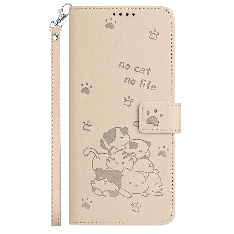 For Motorola Moto G Play 4G 2024 Embossed Kitten Phone Leather Case with Lanyard(Beige) - Motorola Cases by PMC Jewellery | Online Shopping South Africa | PMC Jewellery | Buy Now Pay Later Mobicred