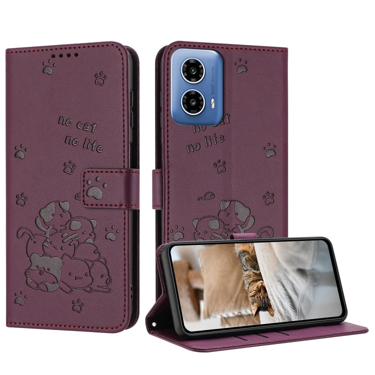 For Motorola Moto G Stylus 5G 2024 Embossed Kitten Phone Leather Case with Lanyard(Wine Red) - Motorola Cases by PMC Jewellery | Online Shopping South Africa | PMC Jewellery | Buy Now Pay Later Mobicred