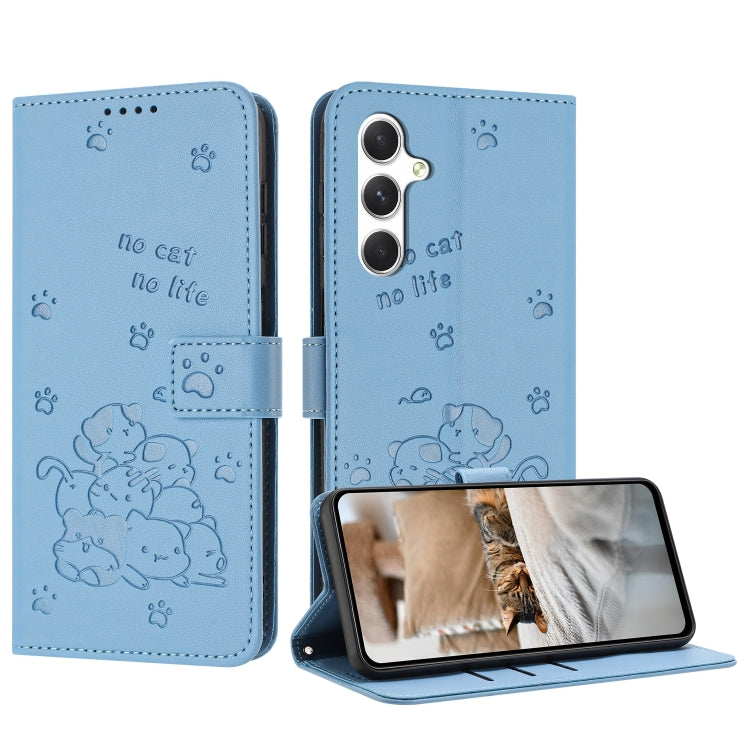For Samsung Galaxy S25+ / S24+ 5G Embossed Kitten Phone Leather Case with Lanyard(Blue) - Galaxy S24+ 5G Cases by PMC TechLife | Online Shopping South Africa | PMC TechLife | Buy Now Pay Later Mobicred