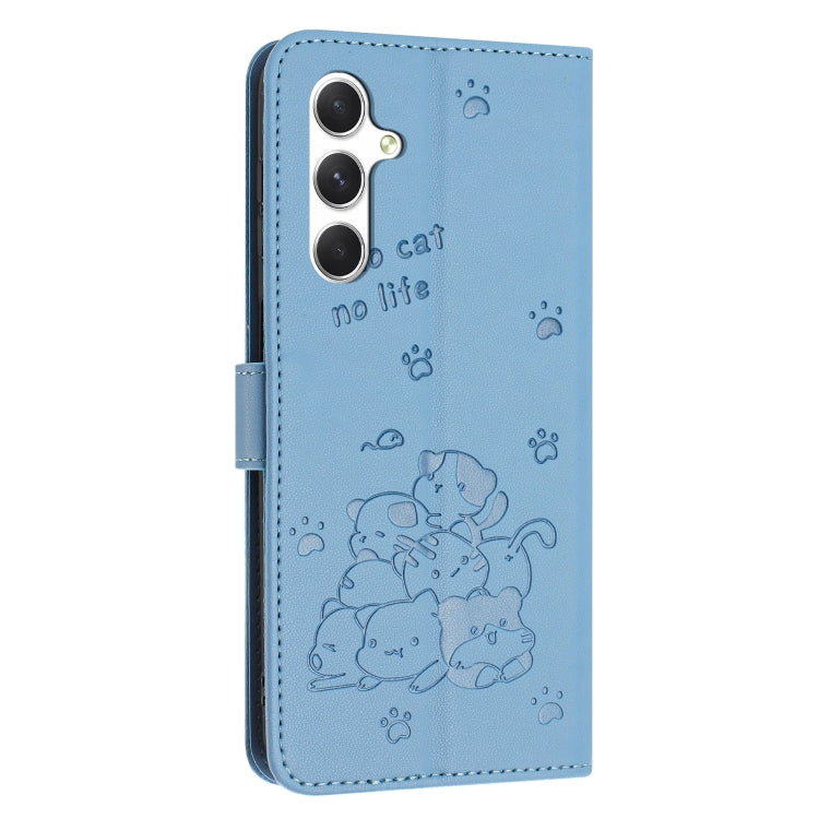 For Samsung Galaxy S25+ / S24+ 5G Embossed Kitten Phone Leather Case with Lanyard(Blue) - Galaxy S24+ 5G Cases by PMC TechLife | Online Shopping South Africa | PMC TechLife | Buy Now Pay Later Mobicred