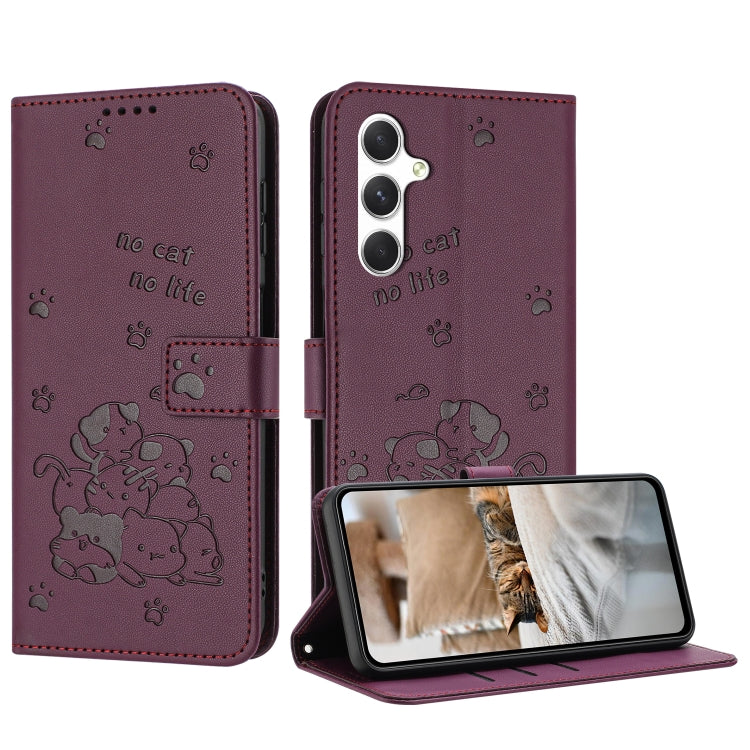 For Samsung Galaxy S25+ / S24+ 5G Embossed Kitten Phone Leather Case with Lanyard(Wine Red) - Galaxy S24+ 5G Cases by PMC TechLife | Online Shopping South Africa | PMC TechLife | Buy Now Pay Later Mobicred