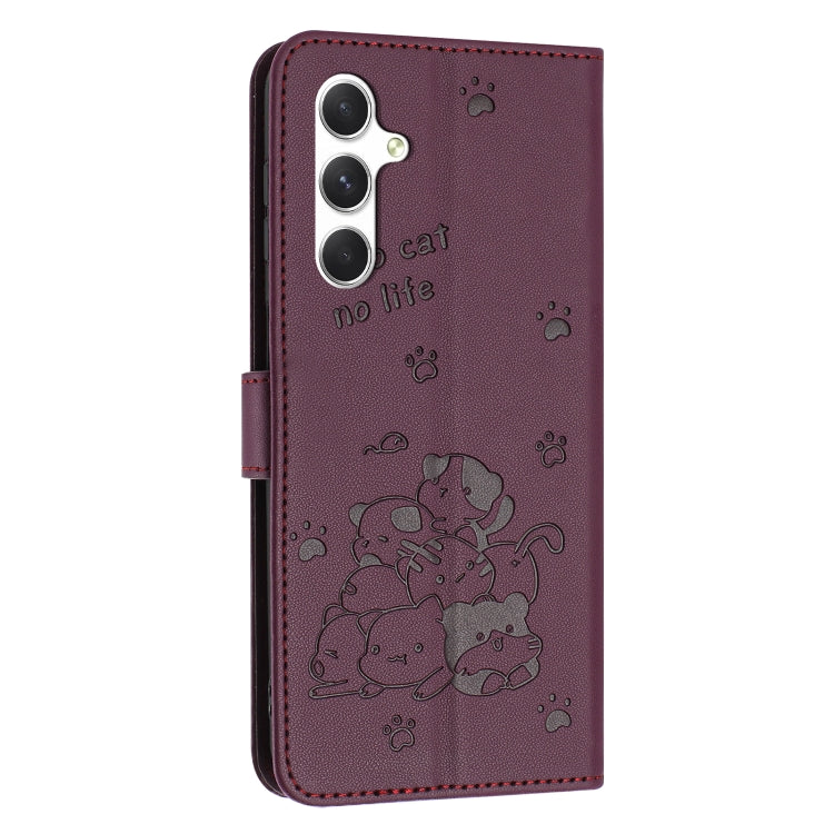 For Samsung Galaxy S25+ / S24+ 5G Embossed Kitten Phone Leather Case with Lanyard(Wine Red) - Galaxy S24+ 5G Cases by PMC TechLife | Online Shopping South Africa | PMC TechLife | Buy Now Pay Later Mobicred