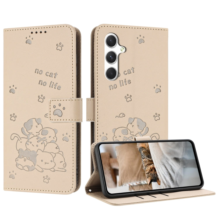 For Samsung Galaxy S25 / S24 5G Embossed Kitten Phone Leather Case with Lanyard(Beige) - Galaxy S24 5G Cases by PMC TechLife | Online Shopping South Africa | PMC TechLife | Buy Now Pay Later Mobicred